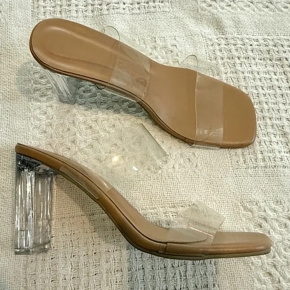 women's 39 rubber clear double strap square toe heels sandal 3089